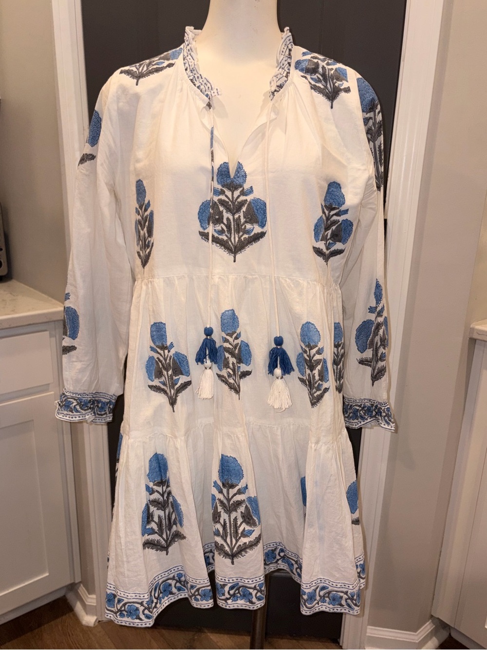 Charleston Madison Mathews LS Midi Dress with Blue Floral Embroidery- Medium
